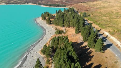 Aerial-view-with-a-tilt-camera-movement-of-Lake-Pukaki,-New-Zealand,-with-Mount-Cook-in-the-background