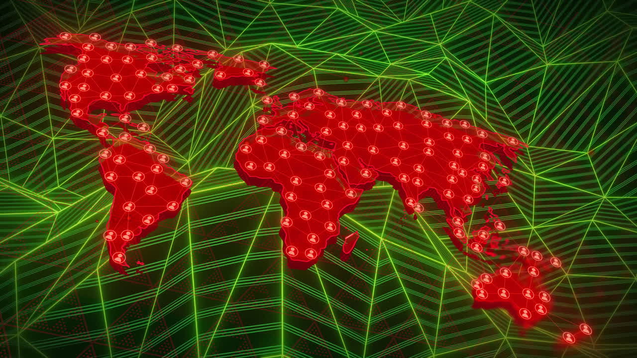 세계 지도를 가로지르는 연결 네트워크의 애니메이션