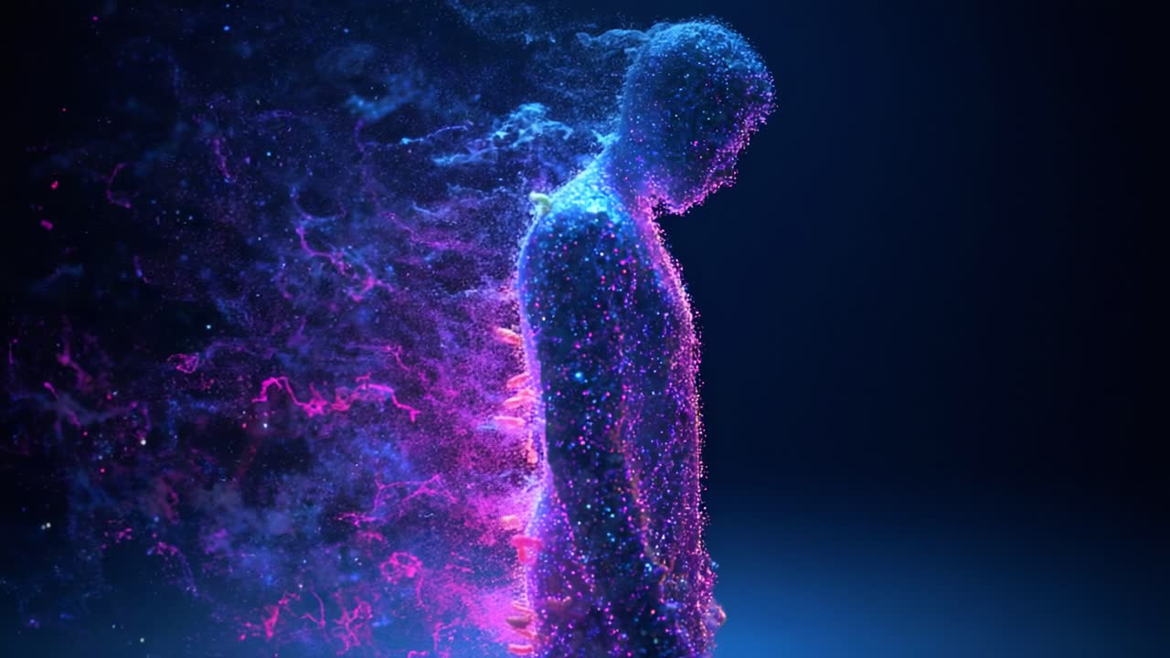 A stunning visual representation of a figure dissolving into vibrant particles of light and color, emphasizing a blend of technology and human emotion in a captivating digital art form