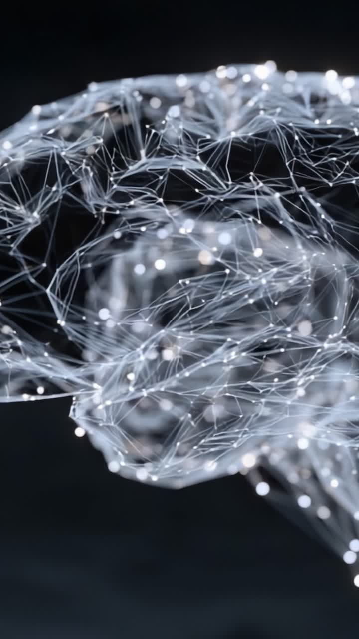 Intricate Network of Light and Form: Exploring the Complex Structure of a Digital Brain Representation with Glowing Points and Interconnected Lines in a Dark Background