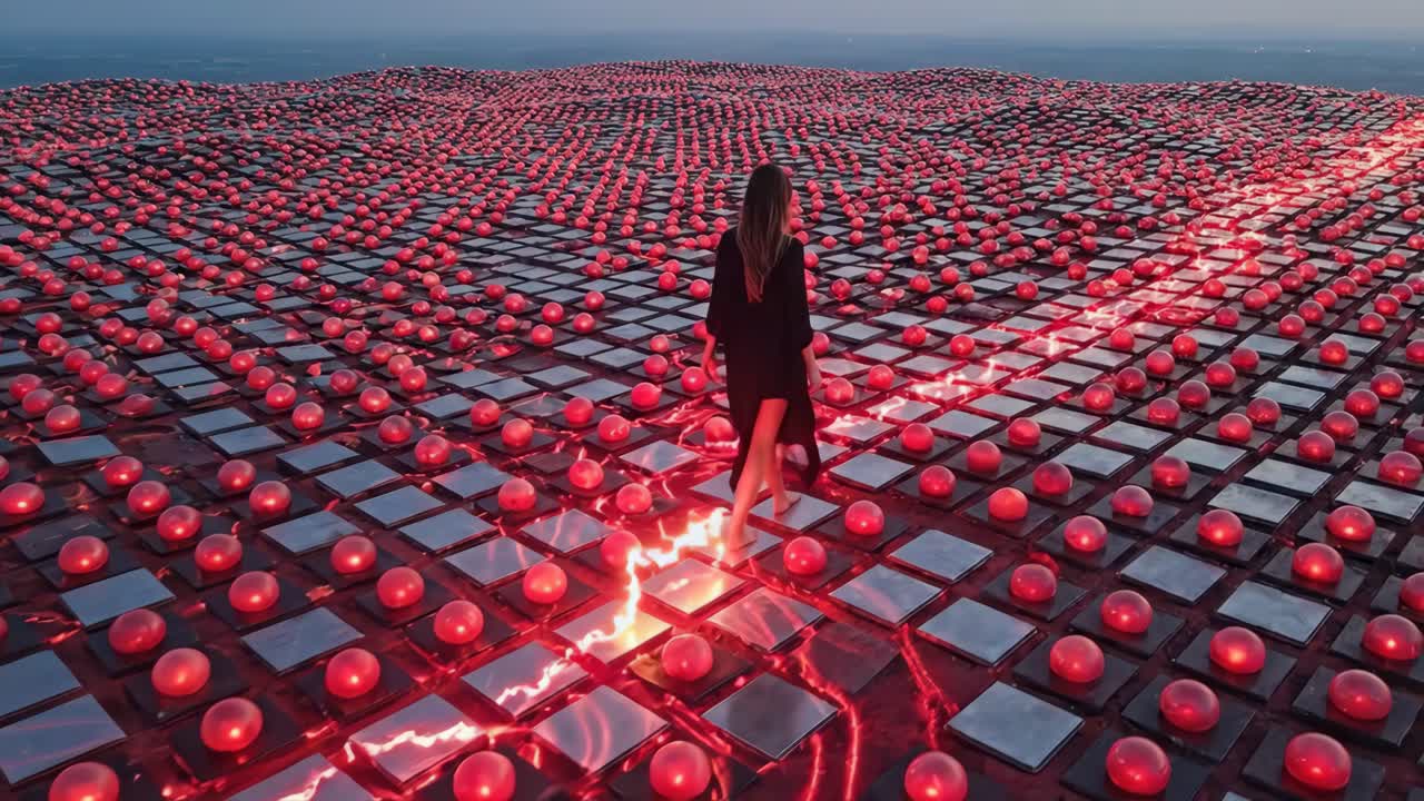 Woman Walking on a Futuristic Digital Grid with Glowing Red Spheres