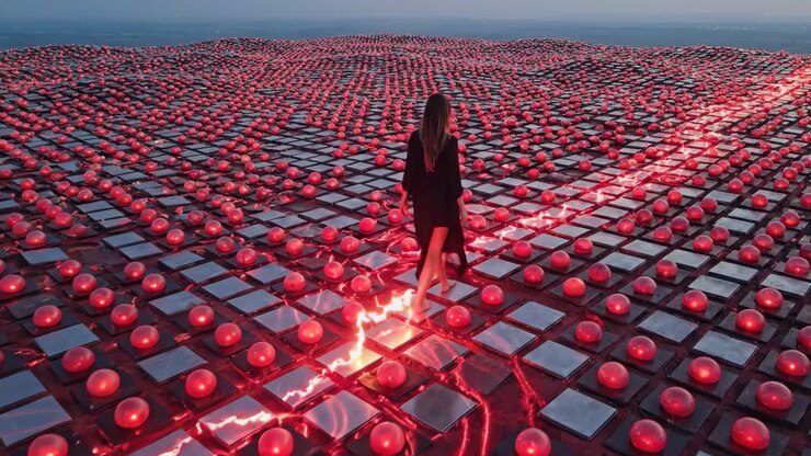 Woman Walking on a Futuristic Digital Grid with Glowing Red Spheres