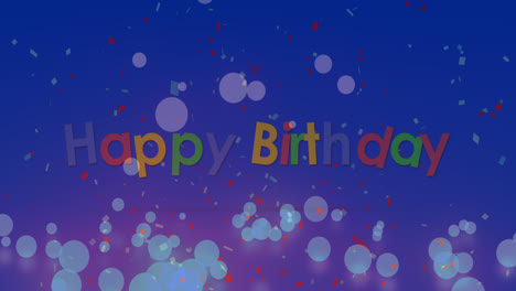 animación de confeti cayendo y manchas de luz sobre el texto de feliz cumpleaños en fondo azul