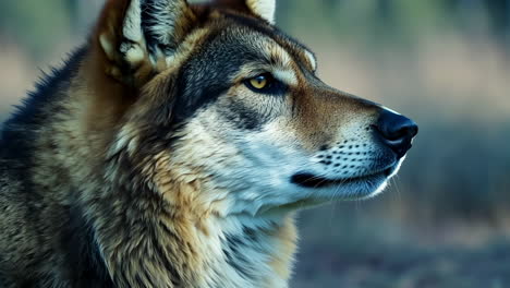 close-up of a majestic wolf in natural habitat at dawn