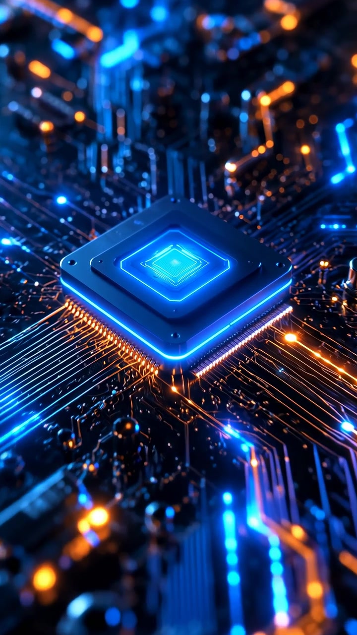 Close view of luminous processor surface shows bright blue glow spreading across detailed circuitry with orange accents, layered depth, and smooth movement over modern electronic hardware