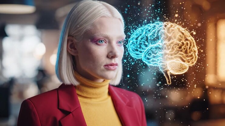 A Young Woman Contemplates the Power of Artificial Intelligence as a Digital Brain Visualization Transforms Her Thought Process and Surroundings in a Modern Setting