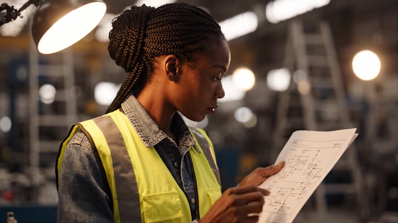 Trabalhadora focada analisando plantas técnicas em um espaço de trabalho industrial com iluminação brilhante e equipamentos ao fundo, transmitindo dedicação e habilidade.