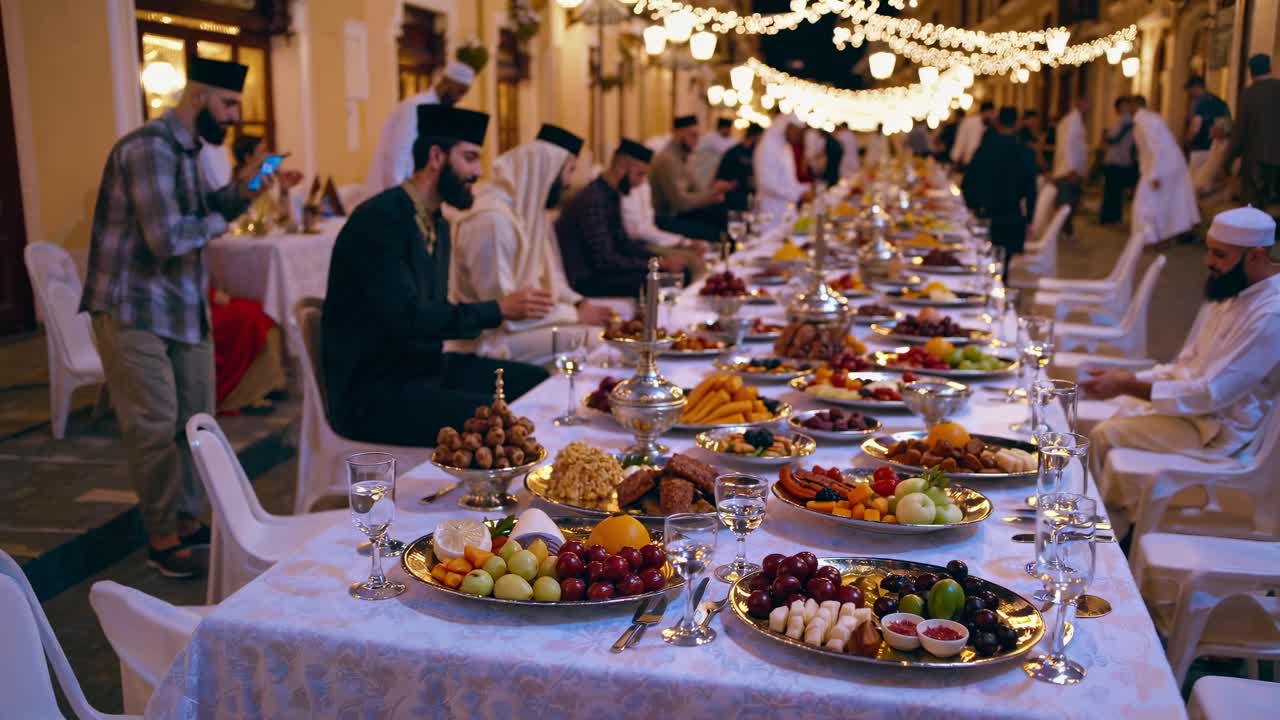 miembros de la comunidad vestidos con trajes tradicionales se reúnen para una cena festiva de iftar, rompiendo su ayuno durante el mes sagrado de ramadán, compartiendo comida y compañerismo bajo luces decorativas