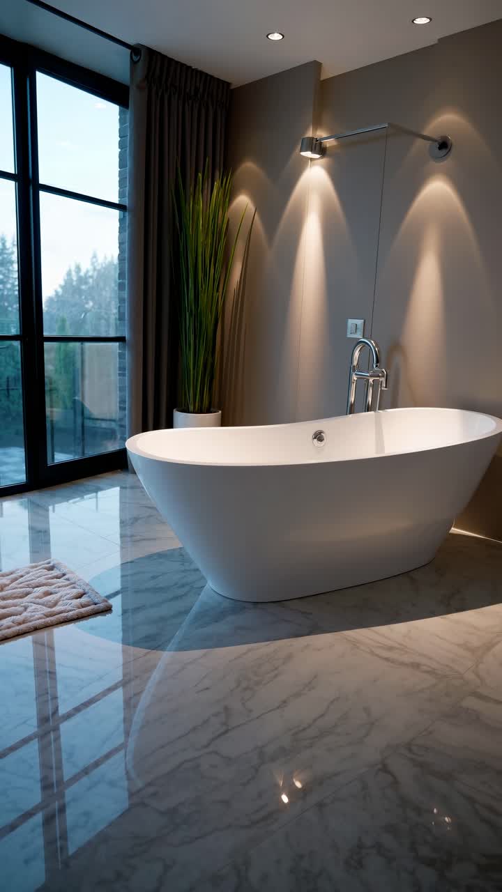 Luxurious bathroom with a modern freestanding tub, captured from a low angle