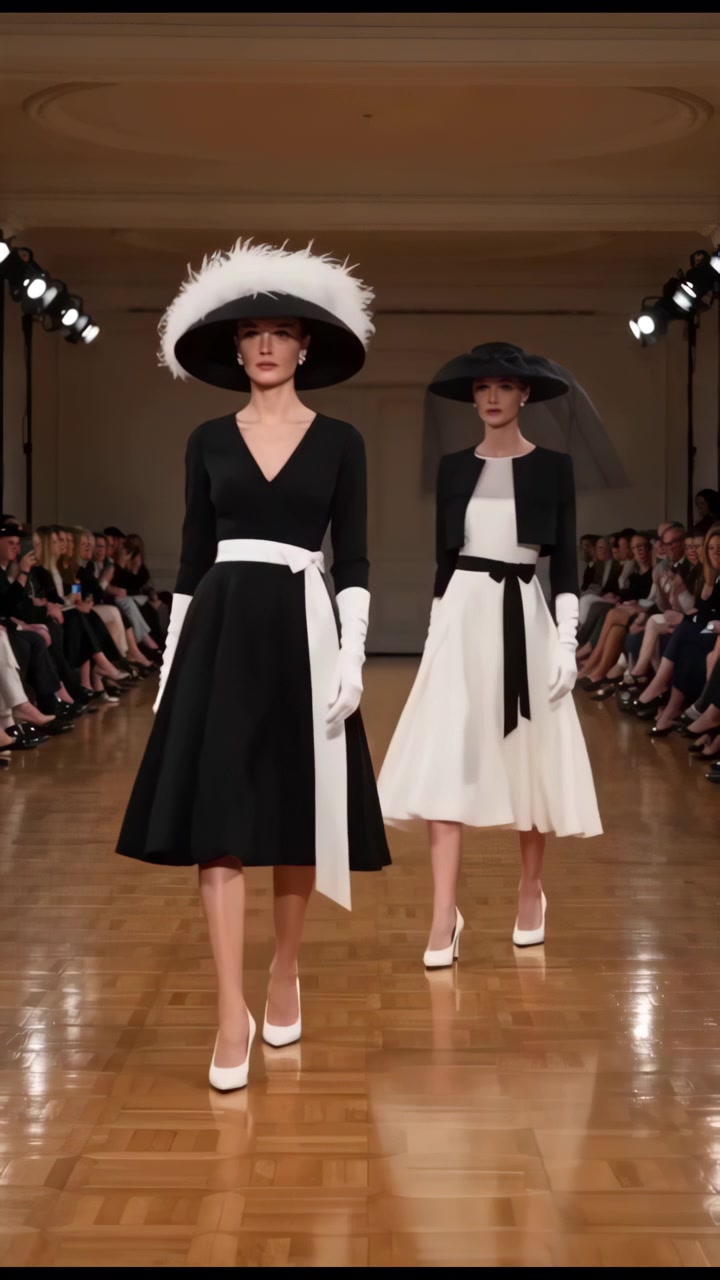Kaukasiske modeller går på elegant monokrom catwalk, bredskyggede fjerhatte, hvide handsker, sort-hvid