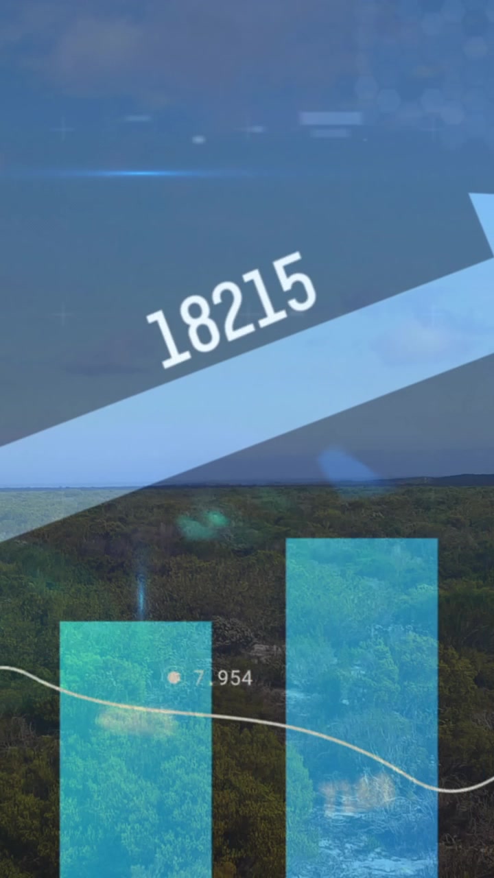 Animazione di una freccia su un grafico a barre e numeri che cambiano su un paesaggio verde contro un cielo nuvoloso.