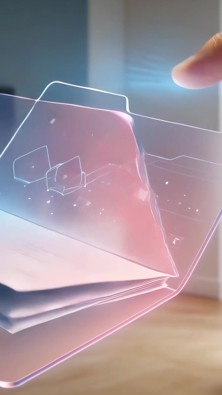 Vertical video: Approaching fingertip tapping hologram folder on home desk, activating blue glow
