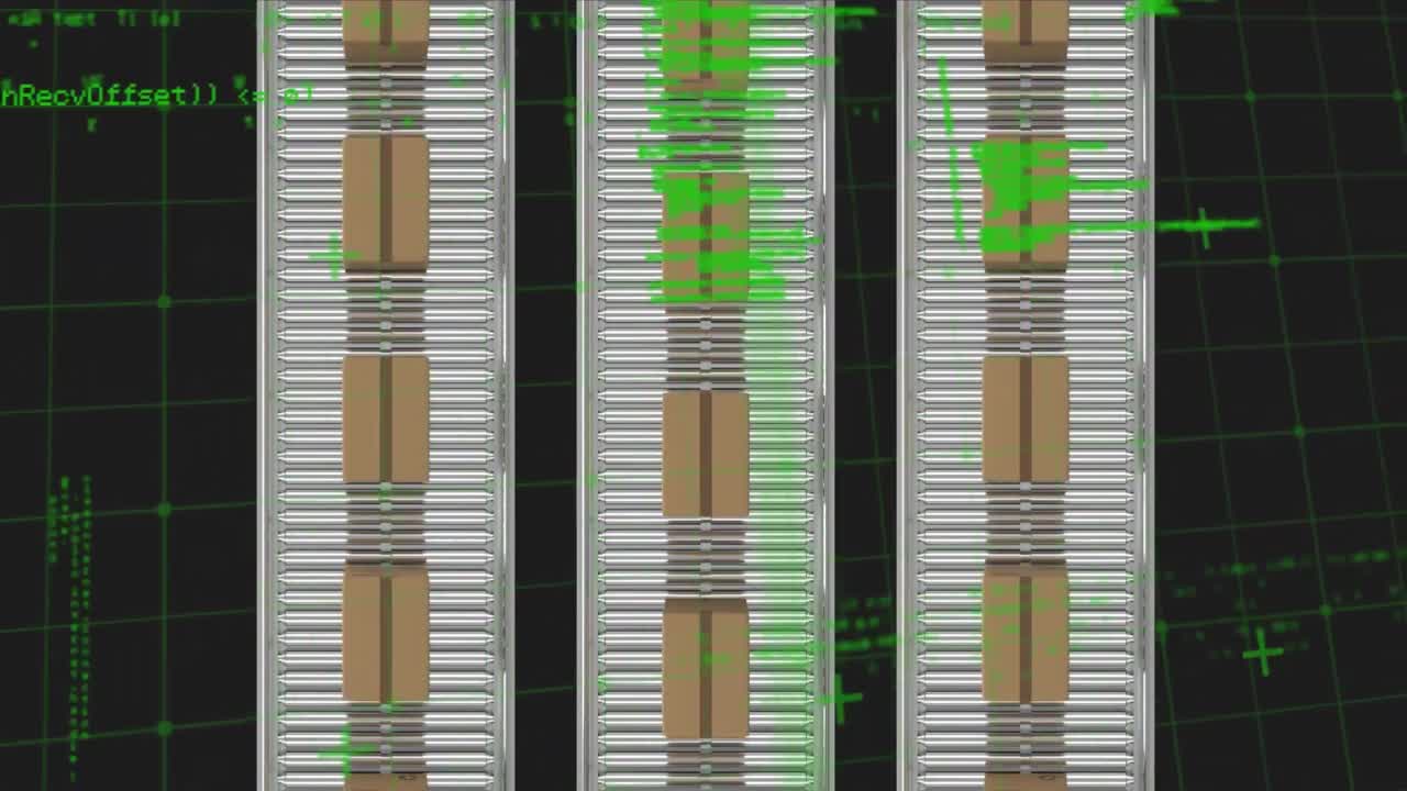 데이터 처리가 컨베이어 벨트에 있는 카드보드 상자에서 이동하는 카드보드 상자에 대한 데이터 처리가