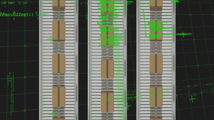 Data processing over cardboard boxes on conveyor belt against cardboard boxes moving boxes moving bo