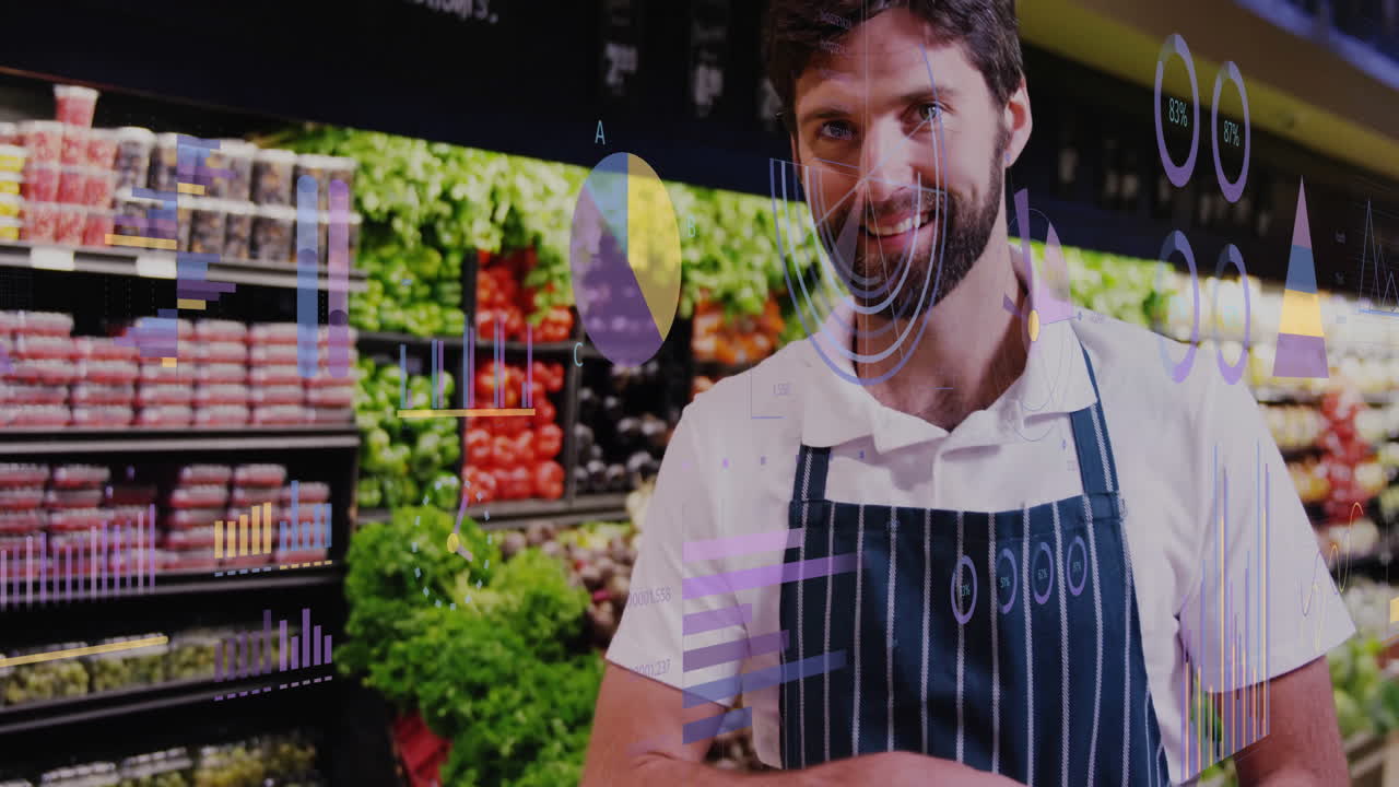 animación de procesamiento de datos sobre hombre caucásico compras de comestibles