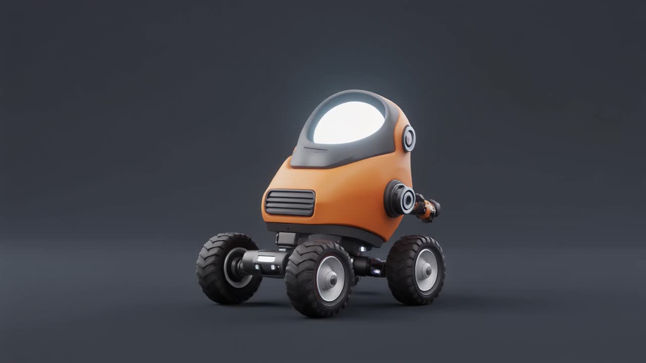 Roztomilá oranžová robotická postava se zářící hlavou ve tvaru obrazovky