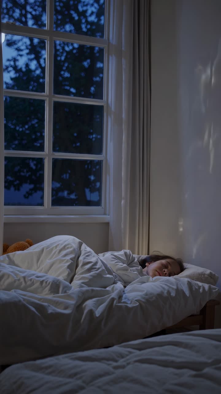 En rolig videoscene af en person, der sover i en hyggelig seng om natten. Optaget fra en side-engel, måneskin