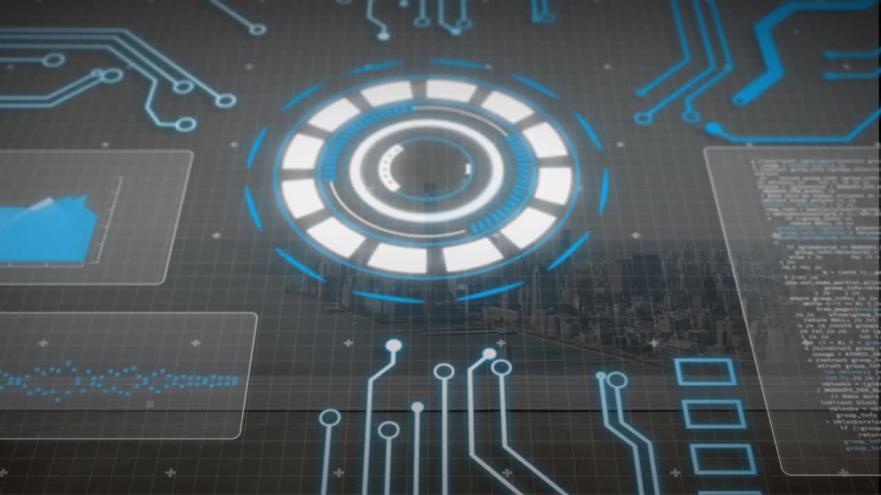 Animation of circles, graphs and computer language over aerial view of sea and modern city