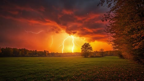 a breathtaking transition: capturing the dynamic beauty of a stormy sunset over a serene landscape, bathed in fiery colors and veiled by ominous clouds