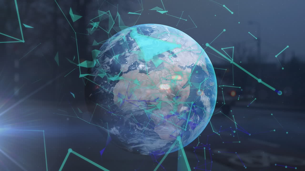 교통과 세계에 대한 연결 네트워크의 애니메이션
