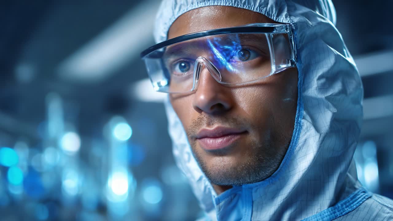 Focused individual in a sterile environment showcasing advanced protective gear, highlighting a professional dedication to safety and precision in scientific research