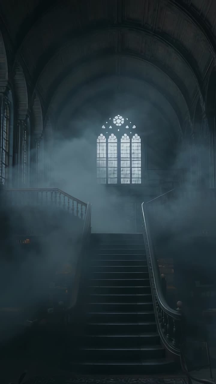 Vertical video: Drifting mist covering stone stairs in Gothic hall, revealing stained glass window