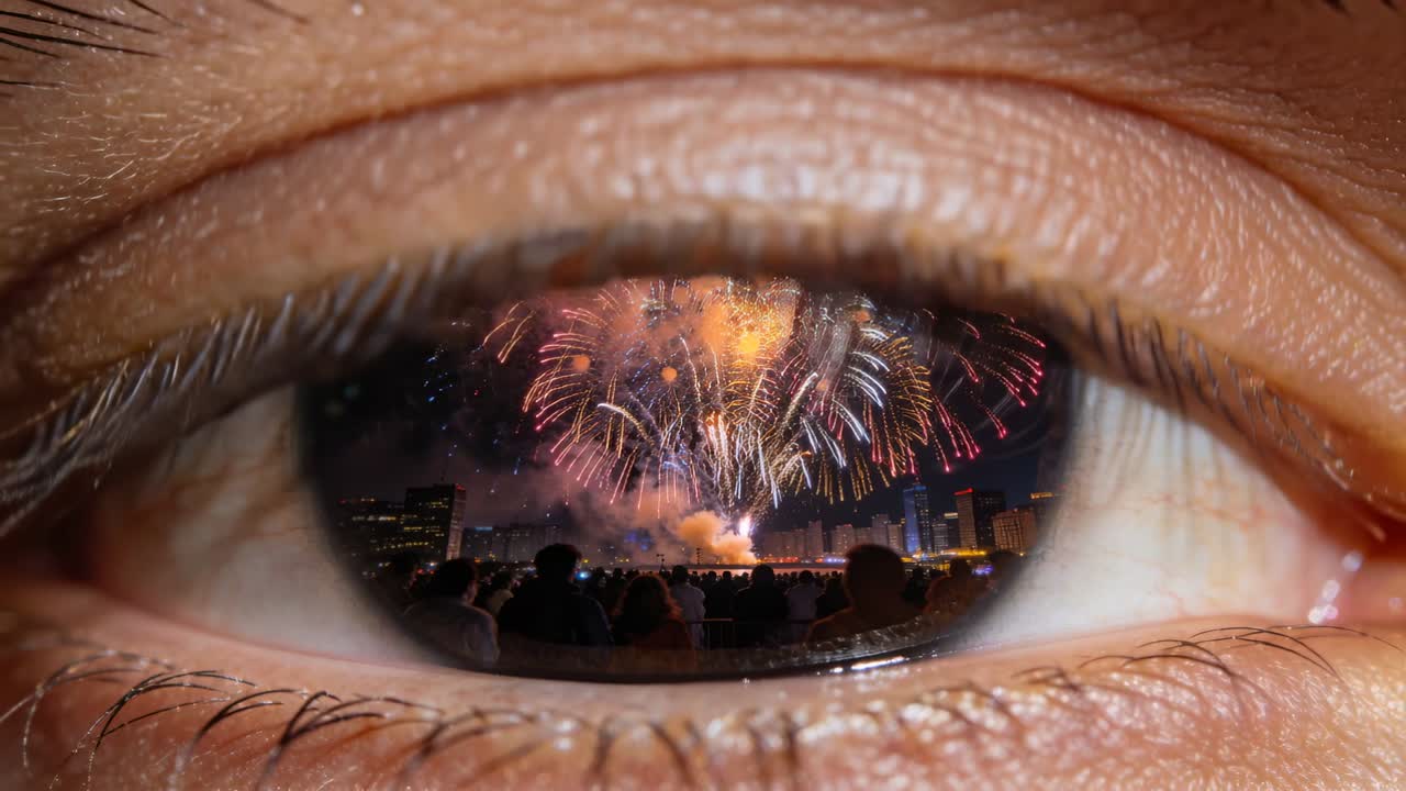 Mostrando un singolo occhio che riflette i fuochi d'artificio lanciati per un festival sul lungomare, con una folla in silhouette.