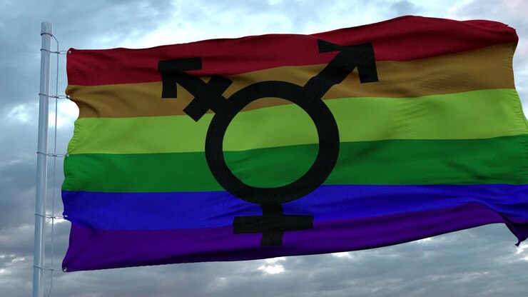 Transkønnet, biseksuel og homoseksuel prideflag vajende i vinden mod en dyb, smuk skyhimmel