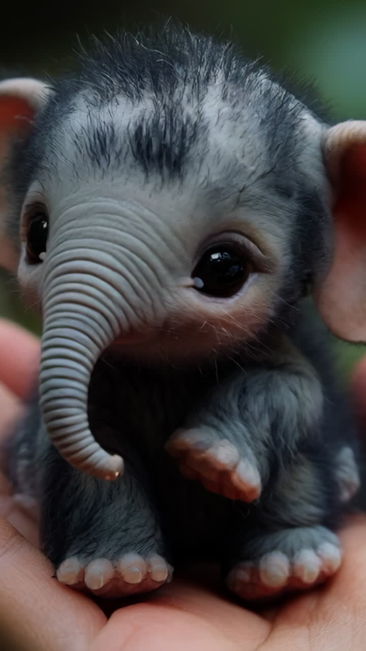 A hand holding a baby elephant. The elephant is small and cute