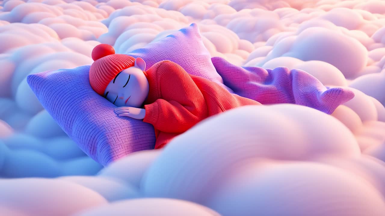 A Serene Dreamscape: An Enchanting Animation of a Character Sleeping Peacefully on Soft, Fluffy Clouds in a Whimsical, Colorful Atmosphere that Evokes Comfort and Tranquility