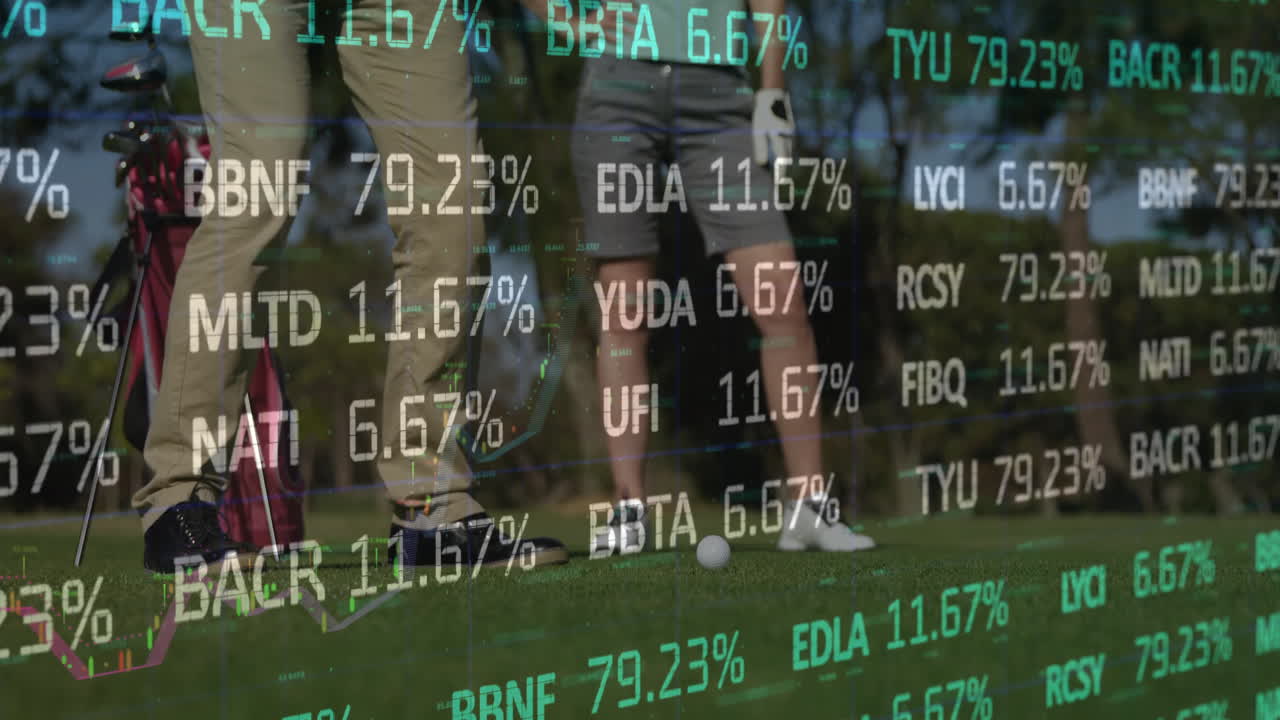 woman golfer lining up putt and man beside bag on putting green, displaying animated stock tickers