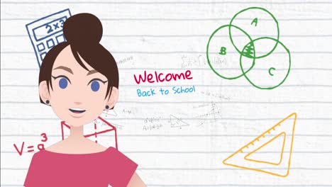 Animation-of-woman-talking-over-welcome-back-to-school-text