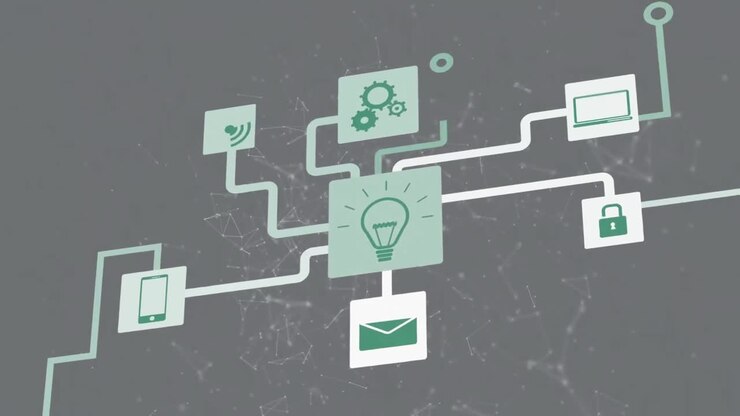Animation of media icons and shapes on gray background