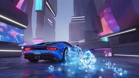 futuristic sports car with glowing diamonds in a neon city
