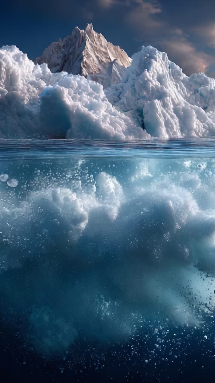 A Breathtaking Glimpse of the Majestic Iceberg Above and Turbulent Waters Below, Capturing the Raw Beauty of Nature's Cold Landscape