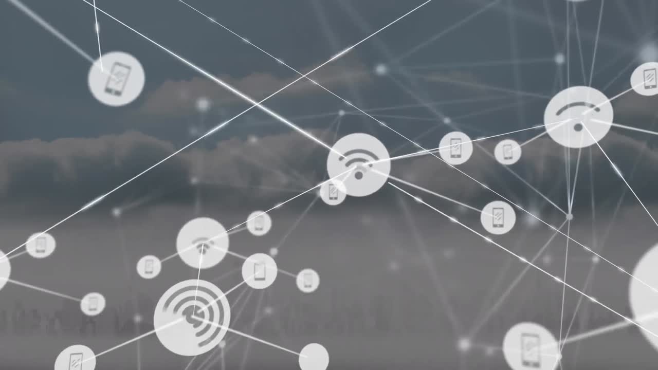 animación de la red de conexiones con íconos y nubes