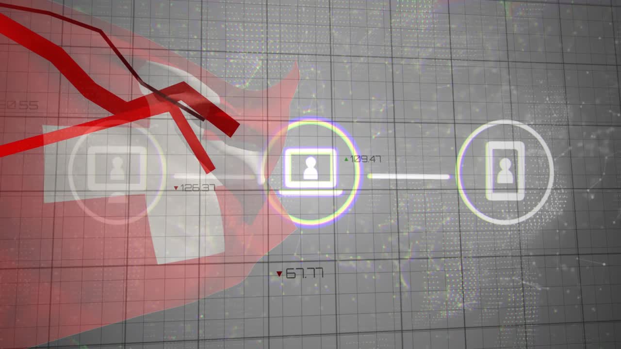 Visualización de datos mostrando un icono central de laptop con un círculo brillante mientras una flecha roja se mueve sobre una cuadrícula