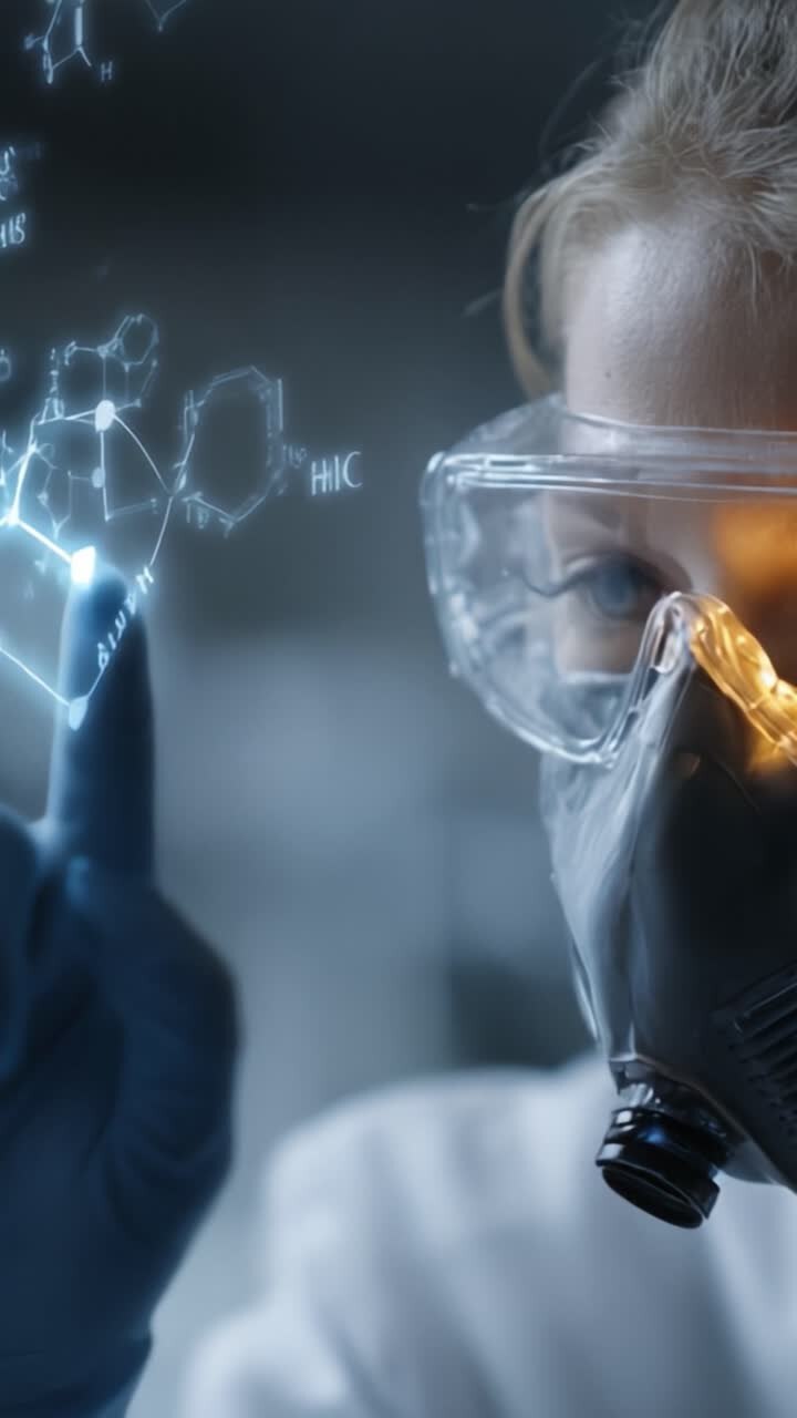Um Cientista Conduzindo Pesquisas com Equipamento de Segurança e Dados Moleculares Digitais Exibidos, Aprimorando Experimentos de Laboratório com Tecnologia e Inovação.