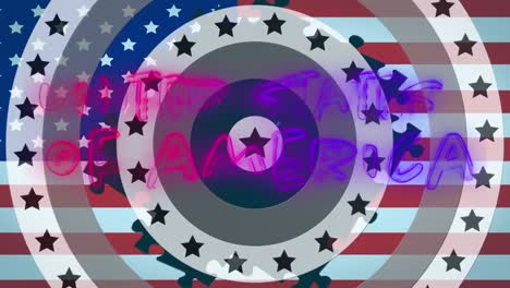 Text-Der-Vereinigten-Staaten-Von-Amerika-über-Sternen,-Die-Sich-Auf-Kreisen-Gegen-Die-US-Flagge-Drehen