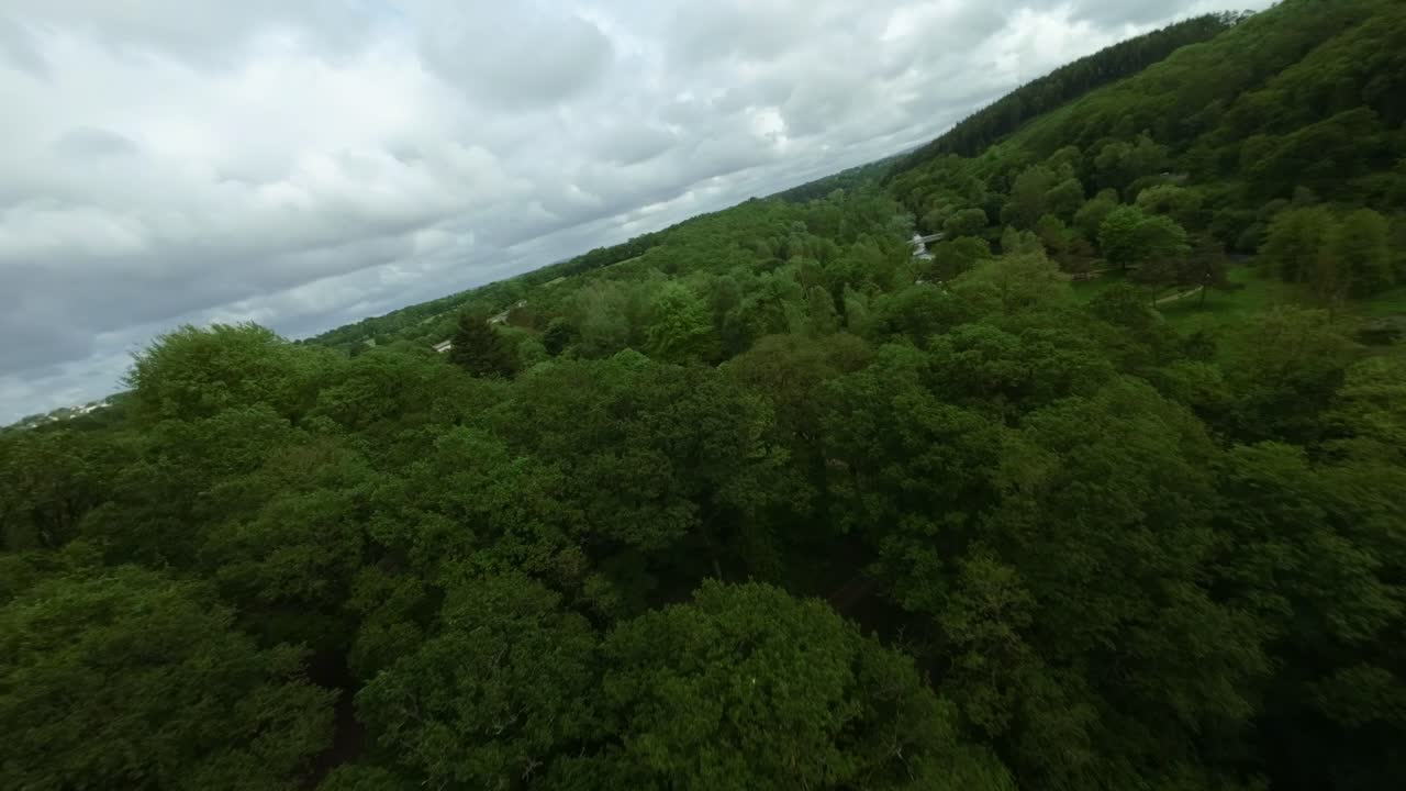 landscape overview flight in dynamic FPV drone shot over lush forest meadows of Hyeres Valley, Britain, France,