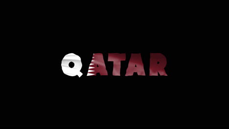 Las-Letras-De-Animación-De-Texto-De-Movimiento-Del-País-De-Qatar-Con-Su-Bandera-Ondeante-Se-Mezclan-Como-Una-Textura---Video-En-Bucle-De-Fondo-De-Pantalla-Negra