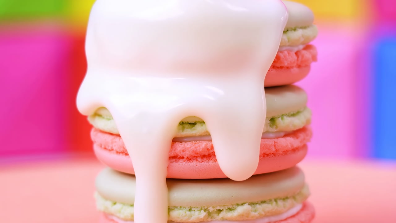 Stacked Pink Macarons With White Glaze Dripping Over Layers, Studiolit Macro Shot Showcasing Delicate French