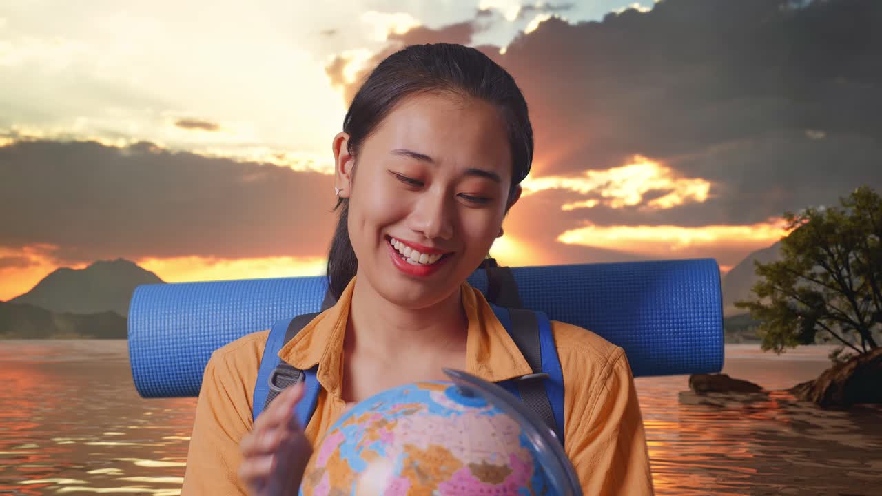 Close Up Of Asian Female Hiker With Mountaineering Backpack Holding World Globe In Her Hands And Smiling While Standing At A Lake During Sunset Time