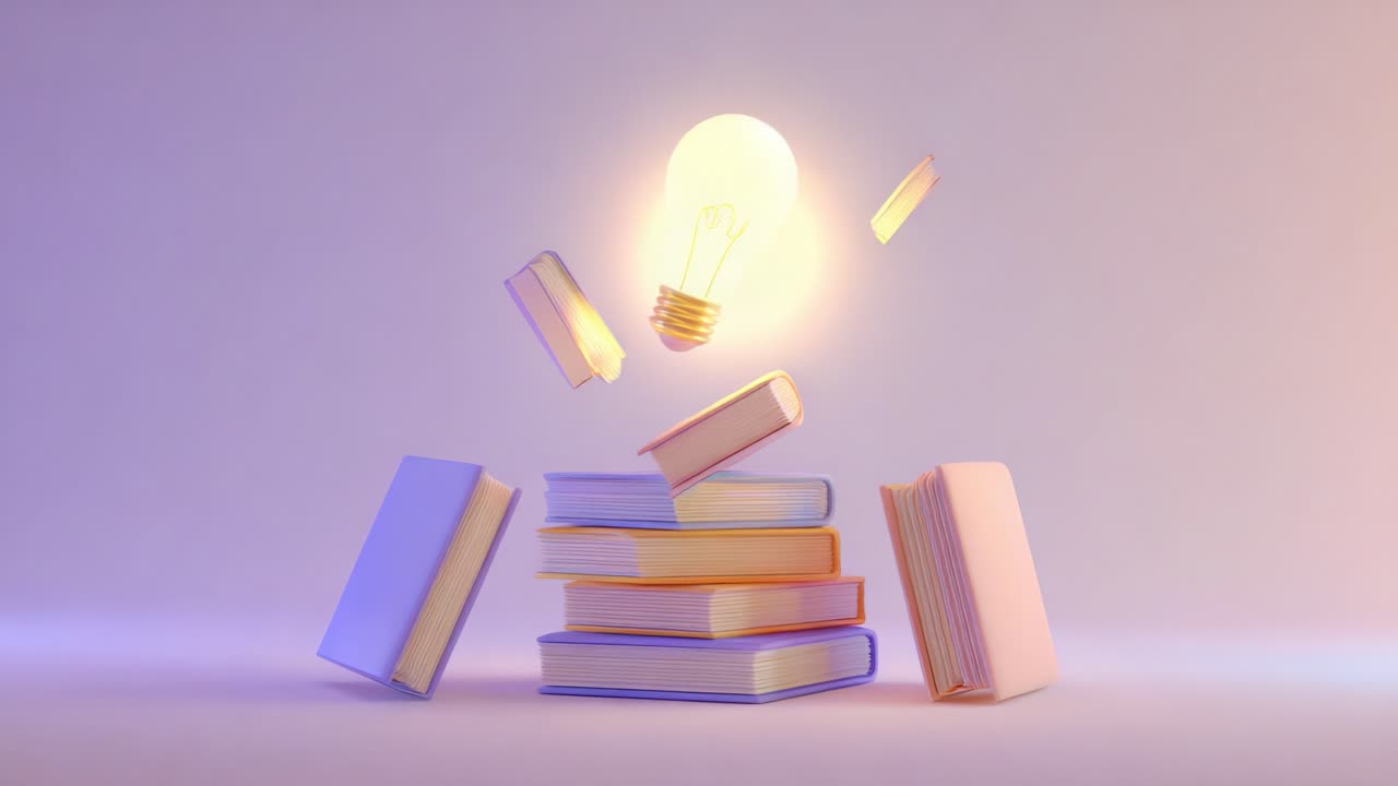 Exploring Creativity and Knowledge: An Artistic Representation of Books Surrounding a Glowing Light Bulb, Symbolizing Ideas and Inspiration in a Whimsical Setting
