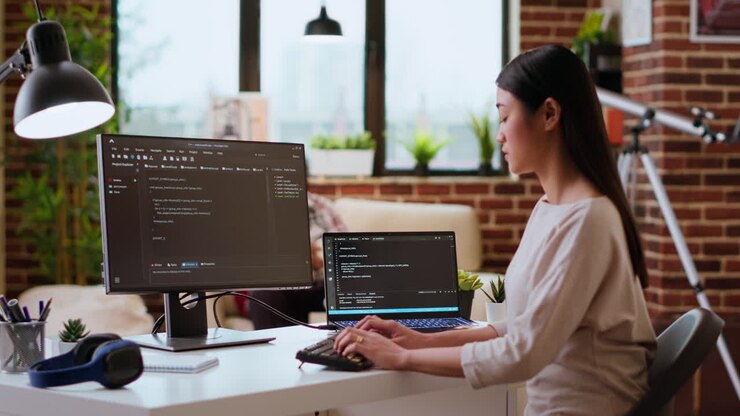 IT specialist types code on dual monitors in a cozy home office
