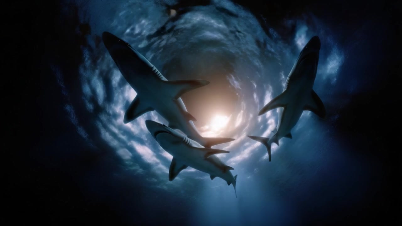 Trzy rekiny pływające w mistycznym wirze oceanicznym, oświetlone promienistym światłem z góry, ukazujące piękno i potęgę życia oceanicznego oraz stworzeń morskich