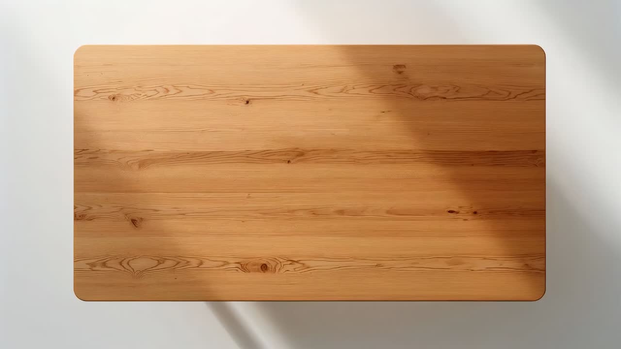 Spostamento della luce dall'alto che proietta un'ombra diagonale sul tavolo di legno in studio, rivelandone le venature