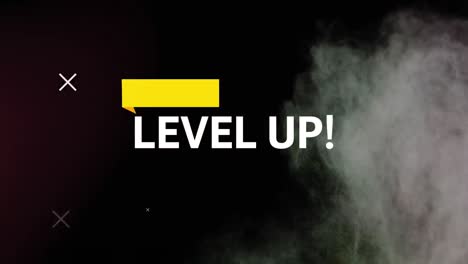 Digital-animation-of-level-up-text-and-yellow-banner-against-dust-explosion-on-black-background