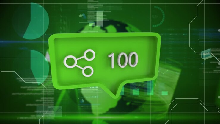 Animation of green speech bubble share icon over globe and data processing