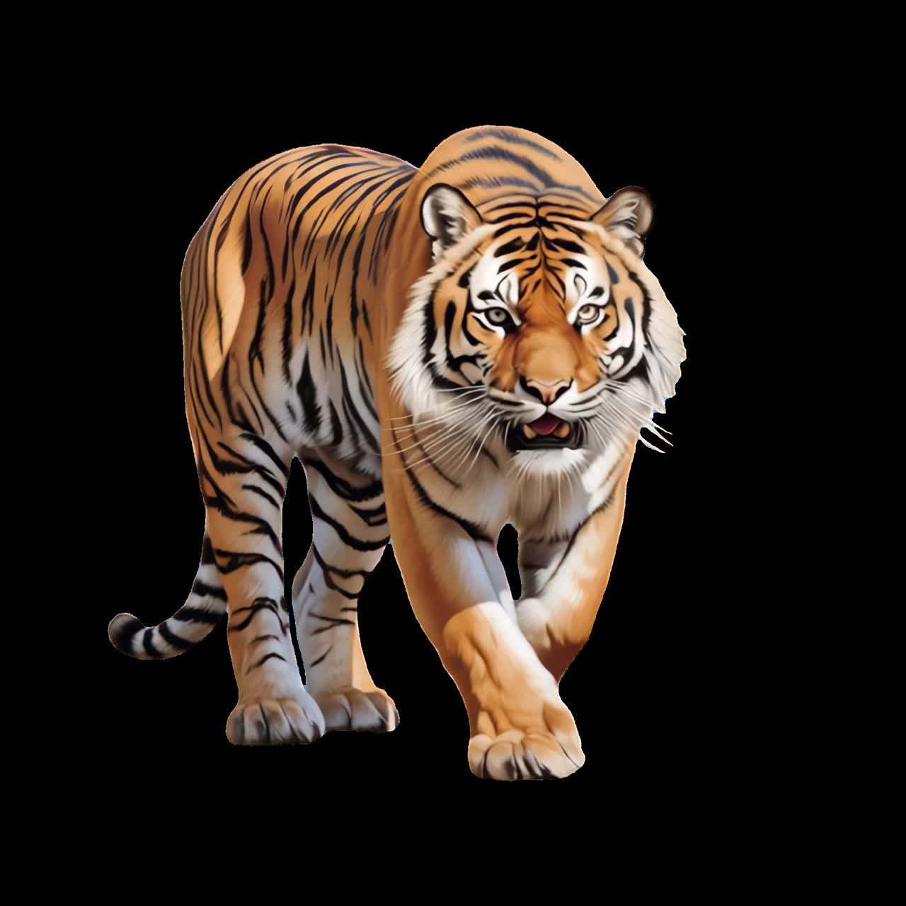 Majestic tiger walking forward animation isolated asset, transparent 4K video, alpha channel, ProRes